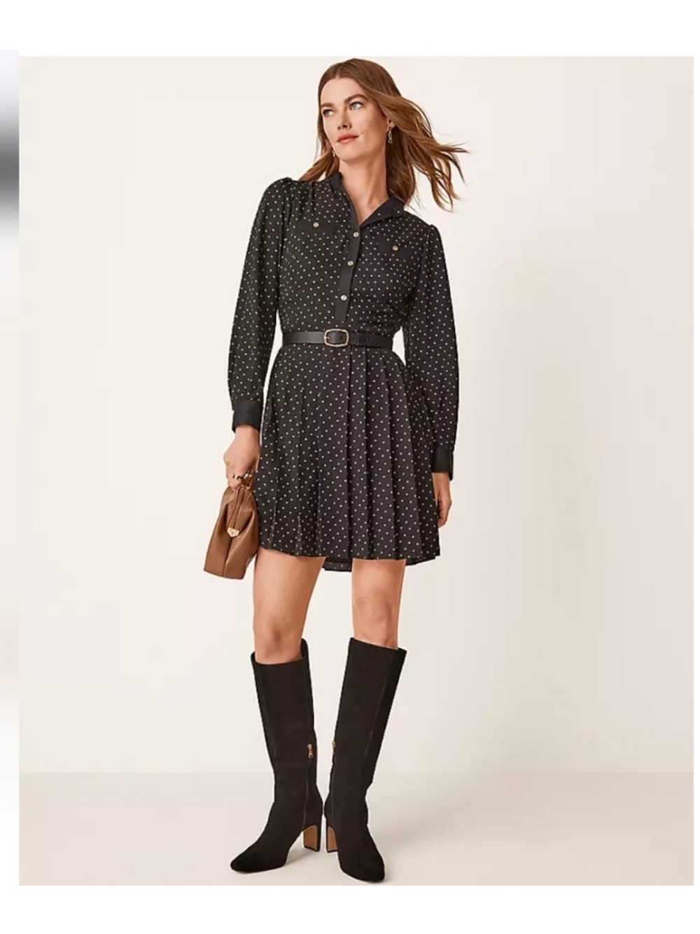 NWT Ann Taylor Black Polka Dot Long-Sleeve Shirtdress with Belt